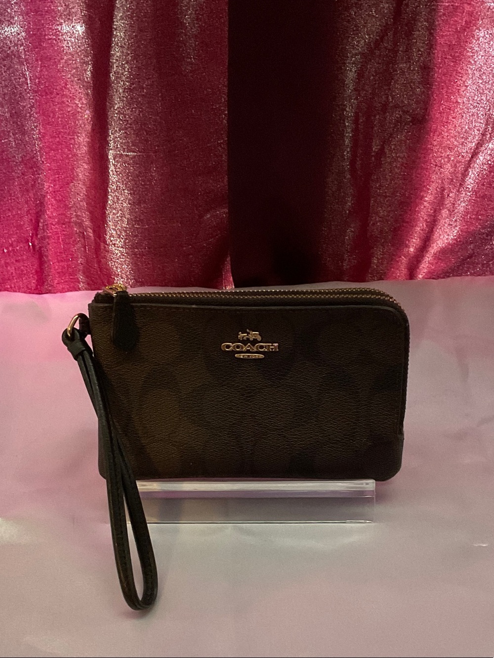 Coach Brown Signature  double Zip Wristlet with Gold Logo